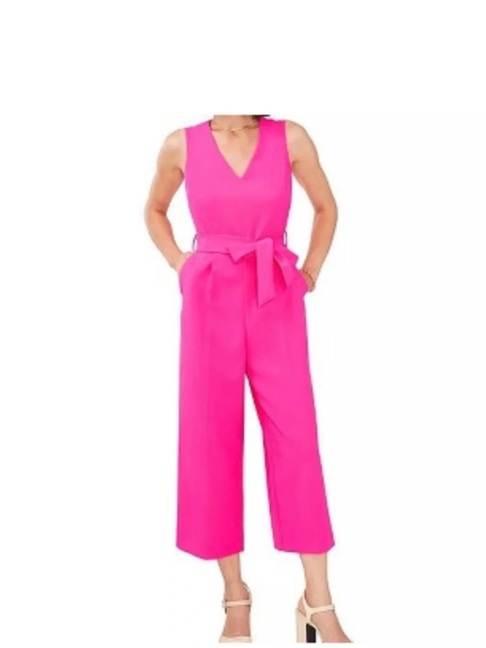 Vince Camuto Hot Pink Sleeveless V-Neck Tie-Waist Cropped Jumpsuit - Picture 1 of 5